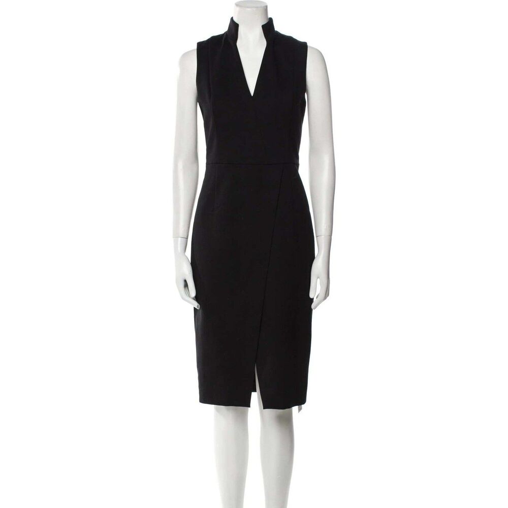 Akris Punto Sheath Dress Womens Stand Collar V-Neck Navy Blue Sleeveless 8